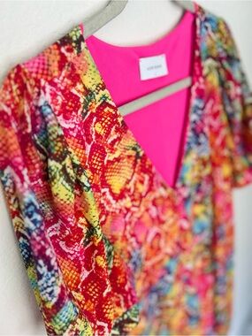 Bright Pink Multi-Color V-Neck Women's Dress